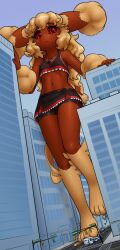 1girl :3 alloyrabbit animal_feet animal_nose bare_shoulders barefoot bike_shorts black_sclera black_shirt black_skirt blonde_hair body_fur brown_fur bus cameltoe city closed_mouth collarbone colored_sclera covered_erect_nipples crop_top dutch_angle female_focus flat_chest frilled_shirt frilled_skirt frills full_body furry furry_female gen_4_pokemon giant giantess hands_up happy highres large_variant_set leg_up legs long_hair looking_at_viewer lopunny microskirt motor_vehicle navel nintendo outdoors pokemon pokemon_(creature) rabbit_ears rabbit_girl rabbit_tail red_eyes red_trim road shirt short_tail sidelocks skirt sleeveless sleeveless_shirt smile solo standing standing_on_one_leg stomach tail thighs two-tone_fur v-shaped_eyebrows variant_set wavy_hair yellow_fur