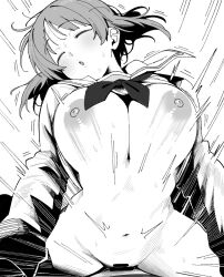 1boy 1girl breasts closed_eyes commentary_request cowgirl_position girl_on_top girls_und_panzer greyscale henyaan_(oreizm) hetero highres large_breasts monochrome motion_lines navel nipples nishizumi_miho ooarai_school_uniform school_uniform serafuku sex solo_focus straddling white_background