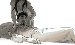 1boy 1girl absurdres breasts chinese_commentary closed_mouth collared_shirt commentary_request er_miao_ying_ying_ying facial_hair feet_out_of_frame fingernails gloves greyscale highres iron_man_(series) long_hair looking_at_another looking_down lying marvel medium_breasts monochrome on_back pants shadow shirt short_hair short_sleeves sidelocks simple_background sitting t-shirt teeth tony_stark