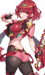 Rule 34 | 1girl, aegis sword (xenoblade), aqua gemstone, armor, ass, backless outfit, black gloves, blush, bob cut, breasts, earrings, fingerless gloves, floating earrings, gem, gloves, hexagon print, highres, impossible clothes, jewelry, large breasts, matrix16, nintendo, pantyhose, pantyhose under shorts, pyra (xenoblade), raised eyebrows, red eyes, red hair, red shorts, red thighhighs, short hair, short shorts, short sleeves, shorts, shoulder armor, solo, super smash bros., suspenders, swept bangs, thighhighs, thighhighs over pantyhose, tiara, twisted torso, weapon, xenoblade chronicles (series), xenoblade chronicles 2