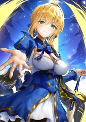 Rule 34 | 1girl, ahoge, artoria pendragon (fate), blonde hair, blue dress, blue sky, breasts, cleavage, commentary request, dress, excalibur (fate/stay night), fate/stay night, fate (series), green eyes, highres, holding, holding sword, holding weapon, honkai: star rail, honkai (series), large breasts, looking at viewer, reaching, reaching towards viewer, saber (fate), saber (honkai: star rail) (fate), short hair, sky, smile, solo, star (sky), starry sky, sword, weapon, xfate
