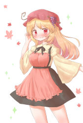 1girl aki_minoriko alternate_hair_length alternate_hairstyle apron arinu black_ribbon blonde_hair blush cowboy_shot dress female_focus food-themed_hair_ornament grape_hair_ornament grape_vine hair_ornament hand_in_own_hair highres leaf looking_at_viewer maple_leaf neck_ribbon plant red_apron red_eyes ribbon smile solo touhou vines white_background wide_sleeves