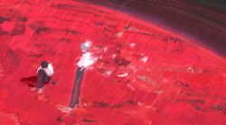 2boys abstract black_pants brown_hair brush_stroke distortion faux_traditional_media grey_hair head_on_knees highres hj_hikari0606 ikari_shinji impressionism multiple_boys nagisa_kaworu neon_genesis_evangelion painterly pants rain red_theme shirt shoes short_hair sitting walkman white_shirt white_shoes wide_shot