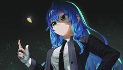 Rule 34 | 1girl, absurdres, black necktie, black suit, blue hair, breasts, collared shirt, commentary, commission, english commentary, fingerless gloves, formal clothes, gloves, green eyes, grey gloves, hair between eyes, highres, indie virtual youtuber, kiara (kiarastreams) (vtuber), long hair, long sleeves, necktie, rifu002, shirt, solo, suit, upper body, variant set, vgen commission, virtual youtuber, white shirt