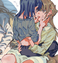 Rule 34 | 2girls, blue hair, brown eyes, brown hair, chinese commentary, collared shirt, commentary request, commission, earrings, grey shirt, hand on another&#039;s face, hand on another&#039;s waist, hand under clothes, hand under shirt, highres, jewelry, lanserongjie, looking at another, medium hair, miyagi shiori, multiple girls, second-party source, sendai hazuki, shirt, shuuniichido classmate wo kau hanashi, sitting, sitting on lap, sitting on person, stud earrings, tongue, tongue out, white shirt, yellow shirt, yuri