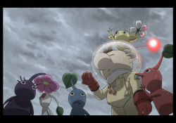 1boy anime_coloring big_nose black_border black_eyes blue_pikmin blue_skin border brown_hair buttons closed_eyes cloud cloudy_sky colored_skin commentary_request cowboy_shot creature_on_head day fake_screenshot flower from_below gloves hand_on_another&#039;s_arm helmet leaf naru_(wish_field) nintendo no_mouth olimar open_mouth outdoors outstretched_arm outstretched_hand patch pikmin_(creature) pikmin_(series) pink_flower pointy_ears pointy_nose purple_hair purple_pikmin purple_skin radio_antenna rain red_eyes red_gloves red_pikmin red_skin short_hair sky solid_circle_eyes space_helmet spacesuit triangle_mouth very_short_hair wet white_flower white_pikmin white_skin yellow_pikmin yellow_skin