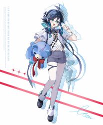 1boy :d ahoge black_boots black_hair blush boots bracelet braid commentary_request english_text full_body genshin_impact green_eyes grey_shorts hair_between_eyes hand_up hat highres holding holding_stuffed_toy jewelry looking_at_viewer male_focus monini open_mouth pantyhose shirt short_hair short_sleeves shorts signature smile solo stuffed_animal stuffed_toy teddy_bear twin_braids v venti_(genshin_impact) white_background white_hat white_pantyhose white_shirt
