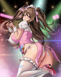 1girl ass blue_eyes blush breasts brown_hair butt_crack commentary girls&#039;_frontline girls&#039;_frontline_2:_exilium hair_ornament high_heels highres k2_(girls&#039;_frontline) large_breasts long_hair looking_at_viewer looking_back mad_kimo panties parted_lips pink_panties short_sleeves solo thighhighs thighs underwear white_thighhighs wrist_cuffs yoohee_(girls&#039;_frontline_2)