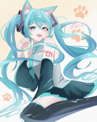 1girl absurdres animal_ears animal_hands aqua_eyes aqua_hair aqua_necktie black_skirt black_thighhighs blush breasts cat cat_ears cat_girl cat_paws detached_sleeves grey_shirt hair_between_eyes hair_ornament hatsune_miku highres long_hair long_sleeves looking_at_viewer medium_breasts miku_day miniskirt miyako_hanabi necktie open_mouth shirt signature sitting skirt sleeveless sleeveless_shirt smile teeth thighhighs twintails upper_teeth_only vocaloid wariza wide_sleeves