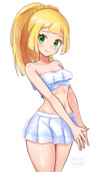 1girl absurdres blonde_hair breasts cleavage commentary_request green_eyes high_ponytail highres lillie_(pokemon) loose_hair_strand maho_(corotonton5150) miniskirt navel nintendo own_hands_together pleated_skirt pokemon pokemon_sm ponytail ponytail_with_braided_base sidelocks simple_background skirt solo standing strapless tube_top watermark white_background white_skirt white_tube_top