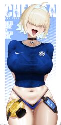 1girl a_port_in_any_storm absurdres ahoge arms_behind_back bikini bikini_bottom_only black_choker blonde_hair blue_bikini blue_shirt breasts chelsea_fc choker collarbone commentary cowboy_shot elegg_(nikke) gluteal_fold goddess_of_victory:_nikke groin hair_between_eyes hair_intakes hair_over_eyes highres large_breasts long_bangs looking_at_viewer multicolored_hair navel nike_(company) open_mouth purple_eyes shirt short_hair short_sleeves sidelocks signature skindentation soccer soccer_uniform solo sportswear standing stomach swimsuit taut_clothes taut_shirt teeth thigh_gap tongue tongue_out tongue_writing trophy two-tone_hair upper_teeth_only