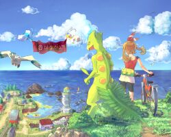 1girl absurdres altaria alternate_color bicycle bike_shorts bike_shorts_under_shorts blue_sky brown_hair gen_3_pokemon highres legendary_pokemon lighthouse lilycove_city may_(pokemon) nintendo ocean outdoors pokemon pokemon_oras rayquaza sceptile shiny_pokemon shirt shorts signature sky sleeveless sleeveless_shirt standing touko97 wingull
