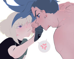 2boys androgynous anger_vein black_shirt blue_eyes blue_hair cheek_pinching colored_eyelashes galo_thymos gloves green_hair half_gloves highres km_(ksolee1201) lio_fotia long_hair looking_at_another male_focus mohawk multiple_boys mutual_cheek_pinching one_eye_closed pinching promare purple_eyes shirt short_hair short_sleeves simple_background spoken_anger_vein topless_male upper_body white_background