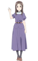 1girl black_socks brown_hair brown_shoes closed_mouth full_body genjitsu_no_yohane hand_up highres long_hair looking_at_viewer love_live! love_live!_sunshine!! official_art puffy_short_sleeves puffy_sleeves purple_shirt purple_skirt shima_(genjitsu_no_yohane) shirt shoes short_sleeves simple_background skirt skirt_set smile socks solo tachi-e takami_shima transparent_background