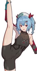 1girl :d absurdres aqua_gloves bare_shoulders black_bodysuit blue_hair bodysuit braid breasts colphne_(girls&#039;_frontline_2) colphne_(silent_heart)_(girls&#039;_frontline_2) covered_navel girls&#039;_frontline girls&#039;_frontline_2:_exilium gloves hair_ribbon hat highres looking_at_viewer loveu nurse_cap open_mouth red_eyes red_ribbon ribbon skin_tight small_breasts smile solo split standing standing_on_one_leg standing_split twin_braids white_hat