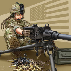 1girl aiming american_flag ammunition_belt ammunition_box boots brown_boots brown_hair browning_m2 camouflage combat_boots commentary crew-served_weapon female_focus full_body gloves green_eyes gun headset heavy_machine_gun helmet highres jpc licking_lips load_bearing_vest long_hair machine_gun military military_combat_uniform military_fatigues military_uniform original sergeant shell_casing sleeves_rolled_up solo tongue tongue_out united_states united_states_army weapon
