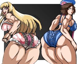 2girls ass blonde_hair breasts brown_eyes brown_hair charge_sol emilie_de_rochefort from_behind hat huge_ass kazama_asuka long_hair looking_at_another looking_at_viewer multiple_girls pink_eyes short_hair tekken tekken_8 thighs