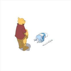 1boy 1girl arona_(blue_archive) blue_archive blue_hair blue_shirt braid dogeza face_down gun hairband highres long_sleeves pooh red_shirt salenpath shirt short_sleeves simple_background skirt standing umbrella_gun weapon white_background white_hairband white_skirt winnie_the_pooh