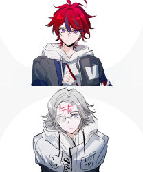 1123611099 2boys ahoge aotsuki_eito black_hair blue_eyes chinese_commentary closed_mouth commentary_request drawstring forehead_writing glasses grey_hair grey_jacket hair_between_eyes highres holding holding_pen hood hoodie jacket jacket_over_hoodie male_focus multiple_boys open_clothes open_jacket pen red_hair sanpaku short_hair sumino_takumi the_hundred_line_-last_defense_academy- tic-tac-toe white_hoodie white_jacket zipper_pull_tab