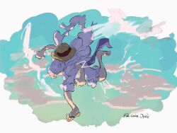 1boy blue_sky cloud commentary_request full_body gear_fifth hat highres jumping male_focus monkey_d._luffy one_piece purple_sash sandals sash shirt shorts sky smile solo straw_hat telushake_opnk twitter_username white_hair white_shirt white_shorts
