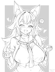 1girl animal_ear_fluff animal_ears breasts collarbone dated detached_sleeves heart highres hololive huge_breasts long_hair looking_at_viewer monochrome ookami_mio seo_tatsuya sidelocks smile solo spoken_heart twitter_username virtual_youtuber