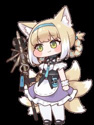 1girl animal_ears animated animated_gif arknights artist_request blue_hairband blush braid braided_hair_rings diyap_(style) dress fox_ears fox_girl fox_tail green_eyes hair_rings hairband highres holding holding_staff infection_monitor_(arknights) kitsune kyuubi multiple_tails open_mouth pantyhose purple_dress simple_background solo staff suzuran_(arknights) tail transparent_background twin_braids variant_set white_pantyhose