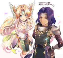 Rule 34 | 1boy, 1girl, 2022, armor, black gloves, blonde hair, blue eyes, blue hair, boots, braid, breasts, cleavage, cleavage cutout, closed mouth, clothing cutout, confetti, feet out of frame, fingerless gloves, forehead jewel, fur-trimmed boots, fur trim, gem, gloves, gold trim, green eyes, green gemstone, green ribbon, hair ribbon, hand on own hip, hawkeye (seiken densetsu 3), headband, long hair, looking at viewer, low-tied long hair, male focus, medium breasts, mii (03miiy), orange eyes, parted bangs, parted lips, ribbon, riesz, seiken densetsu, seiken densetsu 3, shoulder armor, shoulder spikes, sidelocks, single bare shoulder, single braid, single shoulder pad, smile, spikes, white armor, white background, winged hat