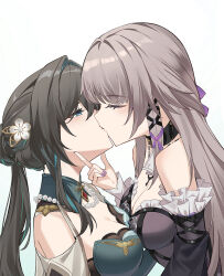 2girls aqua_eyes ascot asymmetrical_docking bead_necklace beads blush breast_press breasts brown_hair cleavage closed_eyes collar commentary detached_collar facing_another fingernails from_side green_collar hair_intakes hair_ornament hair_ribbon herta_(honkai:_star_rail) highres honkai:_star_rail honkai_(series) iras17514 jewelry key key_necklace kiss large_breasts long_hair looking_at_another multicolored_hair multiple_girls nail_polish necklace no_headwear purple_nails purple_ribbon ribbon ruan_mei_(honkai:_star_rail) simple_background streaked_hair the_herta_(honkai:_star_rail) white_ascot white_background yuri