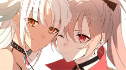 2girls amazuki_jou azur_lane black_choker black_ribbon brown_eyes brown_hair choker close-up closed_mouth earrings hair_ornament hair_ribbon jean_bart_(azur_lane) jewelry long_hair massachusetts_(azur_lane) multiple_girls one_eye_closed red_eyes ribbon tan white_background white_hair yuri