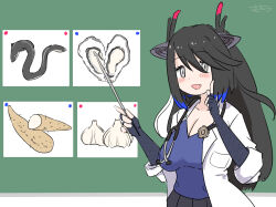 1girl animal_ears aphrodisiac black_dragon_(kemono_friends) black_hair blue_hair blush coat commentary doctor dragon_ears dragon_girl dragon_horns eel fingerless_gloves fishnet_gloves fishnets food garlic gloves grey_eyes horns kemono_friends kemono_friends_3 lab_coat long_hair looking_at_viewer multicolored_hair multicolored_horns open_clothes open_coat oyster pink_horns pointer purple_horns sasakura_(jgay7435) scale_print shirt stethoscope sweet_potato white_coat
