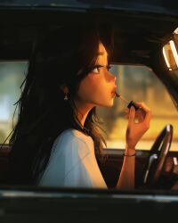Rule 34 | 1girl, applying makeup, applying own makeup, black hair, blurry, bokeh, bracelet, brown eyes, car, car interior, curtained hair, depth of field, earrings, expressionless, from side, glowing, hand up, highres, jewelry, lipstick, long hair, looking at reflection, makeup, mascara, motor vehicle, original, sam yang, shirt, sitting, steering wheel, sunset, upper body, white shirt