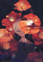 1boy absurdres bright_pupils brown_coat closed_mouth cloud coat collared_shirt crossed_bangs dark-skinned_male dark_background dark_skin dated dot_nose dress_shirt expressionless flower hair_between_eyes highres jimini_shijimi long_bangs male_focus necktie original purple_eyes red_sky shirt short_hair sky stamen trench_coat upper_body white-haired_man_(jimini_shijimi) white_hair white_pupils white_shirt
