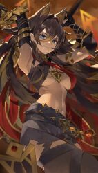 1girl armlet armpits bare_shoulders black_hair blonde_hair blue_eyes breasts brown_hair crossed_bangs dark-skinned_female dark_skin dehya_(genshin_impact) earrings genshin_impact gloves hair_between_eyes halterneck highres holding holding_weapon jewelry large_breasts long_hair looking_at_viewer multicolored_hair navel ramuri red_nails smile solo stomach streaked_hair weapon