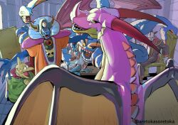 1other 6+boys aretokasoretoka baramos black_sclera blue_scales blue_skin chair cheek-to-cheek claws colored_sclera colored_skin commentary demon_boy dragon dragon_lord dragon_quest dragon_quest_i dragon_quest_ii dragon_quest_iii dragon_quest_xi facial_hair fake_horns fins hargon head_fins heads_together helmet highres holding holding_staff horned_helmet horns in-franchise_crossover jewelry looking_at_another looking_to_the_side male_focus mohawk monster monster_boy multiple_boys necklace open_mouth pink_scales pointy_ears red_eyes sharp_teeth sidoh sitting skull_necklace smile snake_tail staff sweatdrop symbol-only_commentary tail teeth third_eye tockle_(dq11) twitter_username urnoga wings yellow_eyes yellow_sclera zoma