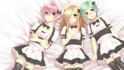 Rule 34 | 3boys, absurdres, akagi kurage, bed, black legwear, blonde hair, blue eyes, blush, bow, crossdressing, dress, frilled dress, frills, green eyes, green hair, highres, long hair, looking at viewer, lying, maid, maid headdress, male focus, multiple boys, pink hair, short hair, thighhighs, trap