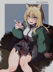 1futa animal_ears arknights arm_support black_skirt blonde_hair blush bulge collared_shirt dog_ears dog_girl dog_tail erection erection_under_clothes futanari green_eyes green_jacket hair_between_eyes highres holding jacket long_hair long_sleeves mirin_chikuwa nervous_smile open_clothes open_jacket open_mouth penis penis_peek podenco_(arknights) pouring_onto_penis shirt sitting skirt smile solo tail testicles vial white_shirt