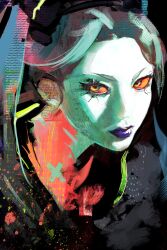 Rule 34 | 1girl, aqua hair, artificial eye, black headband, closed mouth, colored sclera, colored skin, cyberpunk (series), cyberpunk edgerunners, cyborg, headband, headset, highres, kyezzzz, looking to the side, mechanical eye, neck tattoo, portrait, purple lips, rebecca (cyberpunk), red pupils, red sclera, solo, tattoo, twintails, white skin, yellow eyes