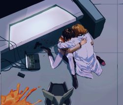 2girls a12740807 akagi_ritsuko blonde_hair brown_hair chair clutching_shoulder computer desk the_end_of_evangelion floor gun hidden_face highres hug ibuki_maya indoors laptop lcl moments_before_disaster multiple_girls neon_genesis_evangelion shell_casing sitting weapon