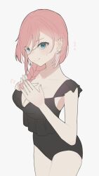 Rule 34 | 1girl, black one-piece swimsuit, blue eyes, blush, braid, breasts, finger touching, hair between eyes, head wings, highres, hololive, large breasts, looking at viewer, one-piece swimsuit, pink hair, shy, side braid, smile, solo, swimsuit, takane lui, virtual youtuber, white background, wings, yamagamiamami