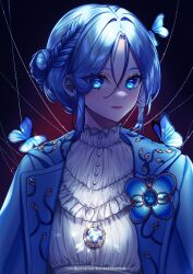 1girl artist_name blue_butterfly blue_eyes blue_hair blue_jacket braid brooch bug butterfly by_mirin closed_mouth dress earrings hashtag-only_commentary insect jacket jacket_on_shoulders jewelry lies_of_p lips looking_at_viewer mole mole_under_eye pink_lips short_hair solo sophia_monad white_dress