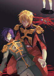 2boys belt black_cape black_footwear blonde_hair blood blood_on_clothes blood_on_face blue_eyes broken broken_toy cape casval_rem_deikun char&#039;s_daily_life char_aznable death dual_persona epaulettes garma_zabi gloves green_jacket green_pants grey_belt gundam hair_over_one_eye hand_on_another&#039;s_cheek hand_on_another&#039;s_face high_collar holding_hands jacket kneehighs kneeling long_sleeves looking_at_another lying_on_lap messy_hair military_uniform mobile_suit_gundam multiple_boys open_mouth pants parted_lips purple_hair red_jacket red_pants rinda_(linda_2ji) scene_reference short_hair socks spoilers standing sweat symbolism toy white_gloves white_socks