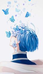 1boy bai_mei blue_butterfly blue_hair blue_shirt bug butterfly cape closed_eyes closed_mouth flower head_back high_collar highres himmel_(sousou_no_frieren) insect male_focus shirt short_hair solo sousou_no_frieren upper_body white_cape