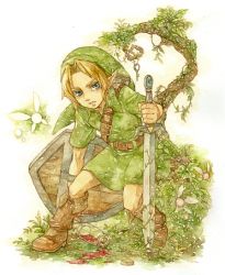 1boy ano_(anomiya) bad_id bad_pixiv_id blonde_hair blue_eyes bottle fairy hat holding_sword link nature navi nintendo pointy_ears shield sword the_legend_of_zelda weapon young_link