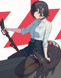 belt black_choker black_hair black_pantyhose breasts choker collared_shirt ellen_joe fins fish_tail from_side highres holding holding_weapon looking_at_viewer medium_breasts muranomiro pantyhose pleated_skirt red_eyes shark_girl shark_tail shirt short_hair short_sleeves sitting skirt tail weapon white_shirt zenless_zone_zero