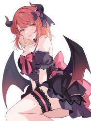 Rule 34 | 1girl, black dress, bow, breasts, choker, cleavage, demon girl, demon horns, demon wings, dress, frilled choker, frills, hair bow, hair bun, hair ornament, hairclip, highres, horns, large breasts, light smile, looking at viewer, love live!, love live! nijigasaki high school idol club, medium hair, notyu maru, orange hair, single side bun, sitting, sweat, thighs, uehara ayumu, v arms, white background, wings, yellow eyes