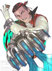 Rule 34 | 1boy, arm blade, bow, bowtie, brown hair, clenched teeth, commentary request, earrings, facial mark, fire candle (super sentai), gloves, gold earrings, hair slicked back, highres, holding, holding jewelry, holding ring, jewelry, looking at viewer, male focus, no.1 sentai gozyuger, ponytail, red bow, red bowtie, red streaks, red vest, ring, sentai ring, shirt, short ponytail, single earring, solo, spoilers, super sentai, syatimaru36, teeth, tega sword, tokusatsu, undercut, upper body, vest, weapon, white background, white gloves, white shirt, yellow eyes