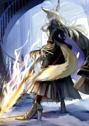 1girl animal_ear_fluff animal_ears arknights black_coat black_jacket black_shoes black_skirt black_socks blonde_hair brown_gloves closed_mouth coat fire flaming_sword flaming_weapon fox_ears fox_girl fox_tail from_behind from_below furiwo gloves high_heels holding holding_sword holding_weapon jacket long_skirt looking_at_viewer orange_eyes pleated_skirt shoes skirt socks solo sword tail vulpisfoglia_(arknights) weapon