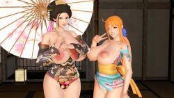 2girls 3d adapted_costume black_hair breasts breasts_out cleavage highres honey_select huge_breasts japanese_clothes kimono large_breasts long_hair multiple_girls nami_(one_piece) nami_(one_piece)_(wano) nico_robin nico_robin_(return_to_sabaody) nipples obi one_piece orange_hair sash smile tattoo topless_female