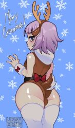 1boy alternate_costume animal_ear_hairband animal_ears antlers ass bare_shoulders black_eyes blue_background blunt_bangs blush_(makeup) bright_pupils brown_leotard bulge crona_(soul_eater) deer_antlers deer_tail fake_animal_ears from_behind furrowed_brow genderswap genderswap_(otm) hairband half-closed_eyes hand_up highres horns leotard looking_at_viewer looking_back makeup male_focus merry_christmas profile purple_hair reindeer_antlers short_hair sideways_glance snowflakes solo soul_eater tail thighhighs trap uggu_bang white_pupils white_thighhighs wristband