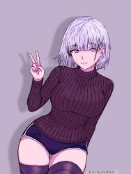 Rule 34 | 1girl, absurdres, alternate costume, black sweater, black thighhighs, blue shorts, breasts, cimol95, commentary, cowboy shot, dolphin shorts, girls&#039; frontline, highres, ibispaint (medium), large breasts, leaning to the side, long sleeves, looking at viewer, parted lips, purple eyes, ribbed sweater, rpk-16 (girls&#039; frontline), shadow, short hair, shorts, smile, solo, sweater, symbol-only commentary, thigh gap, thighhighs, turtleneck, turtleneck sweater, twitter username, v, white hair